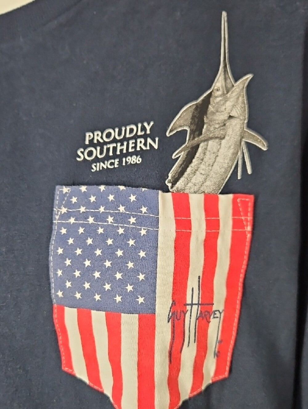 Guy Harvey Navy Short-Sleeve Tee with American Flag Pocket - Picture 2 of 6